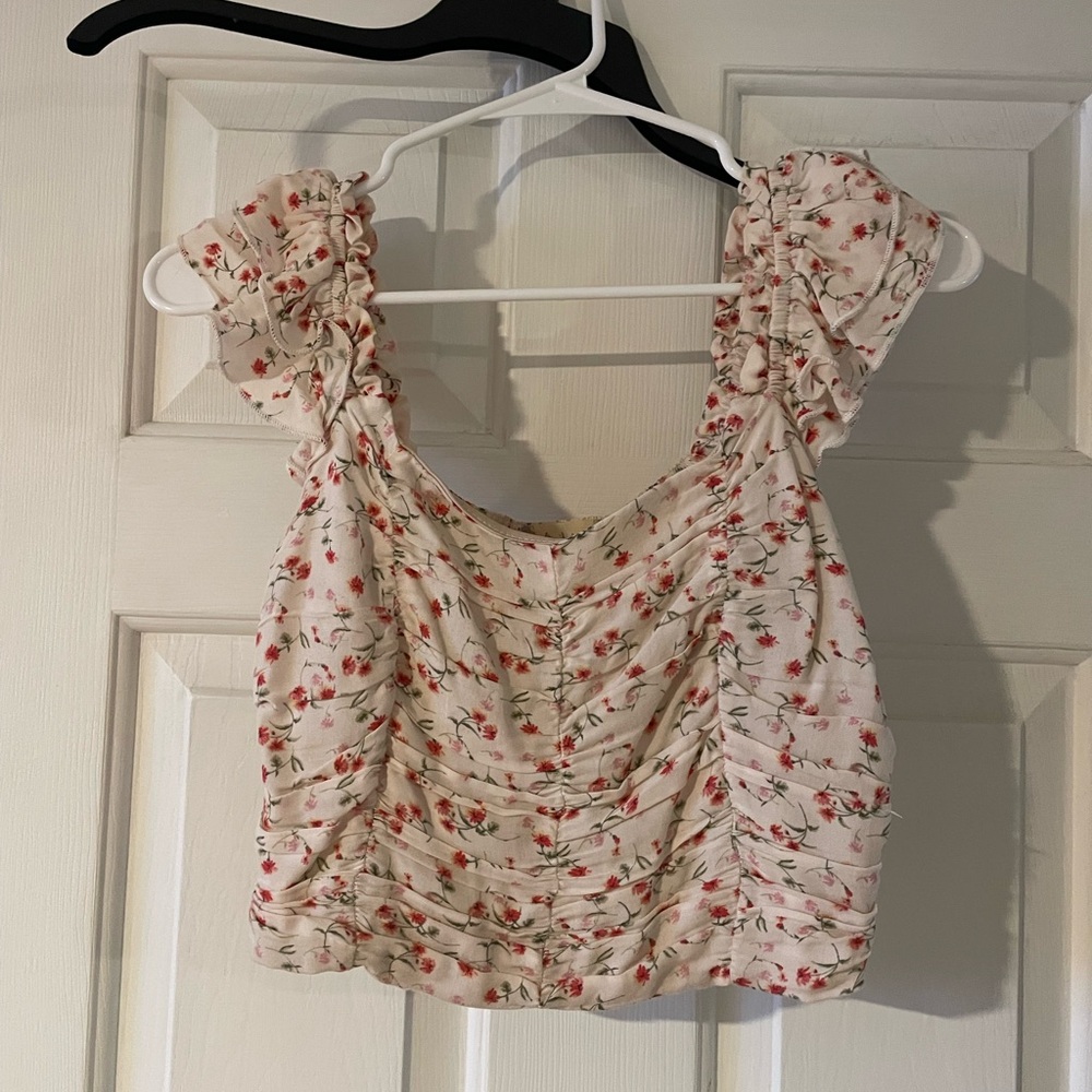 Altar'd State Floral Ruched Crop Top - Cream and Red